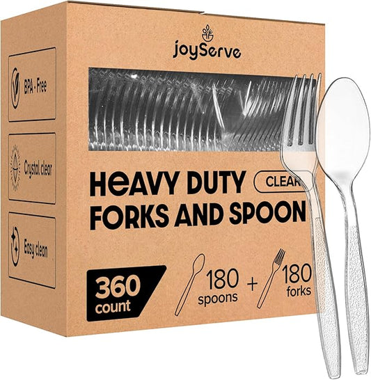Plastic Forks and Spoons Set - (Bulk Pack 360 Pcs) Clear Plastic Cutlery Utensils Heavy Duty, 180 Forks and 180 Spoons, Silverware Sets for Party Supplies, Dinners, Take-Out, Catering, Food Services