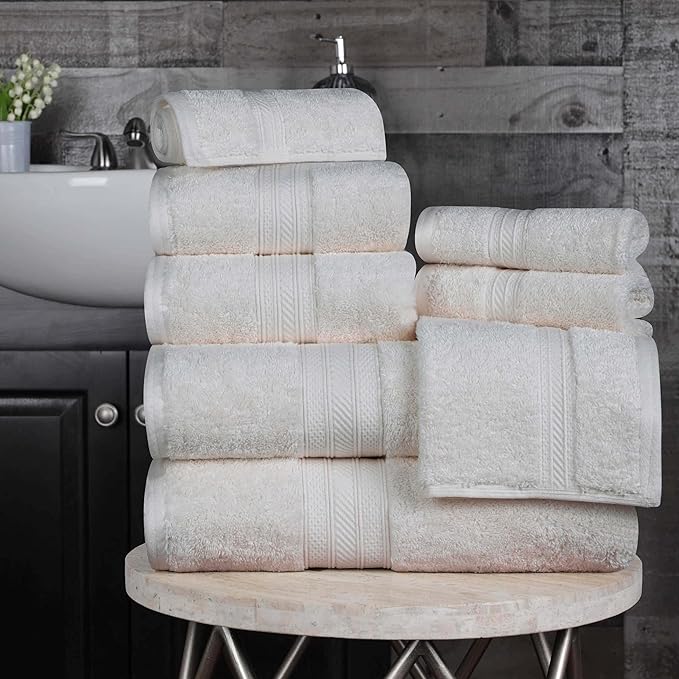 Superior Long Staple 100% Combed Cotton 700GSM 8-Piece Solid Towel Set for Bathroom, Shower, Kitchen-Super Soft, Plush, Assorted 8-Piece Towels, 4 Face/Washcloths, 2 Hand Towels, 2 Bath Towels, Ivory