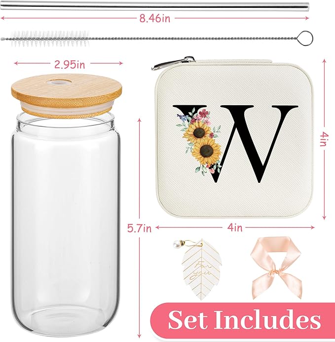AYGXU Initial Glass Cup,Personalized Birthday Gifts for Women,16oz Glass Tumbler Cups,Graduation Gifts for Her,Small Jewelry Organizer Box,Birthday Gifts for Women,Initial W white