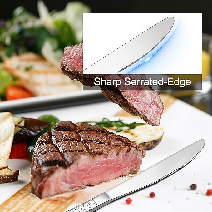 E-far Dinner Knives Set of 6, Stainless Steel Hammered Serrated Table Knife for Home Kitchen Restaurant, Mirror Polished & Dishwasher safe-8.9 Inches