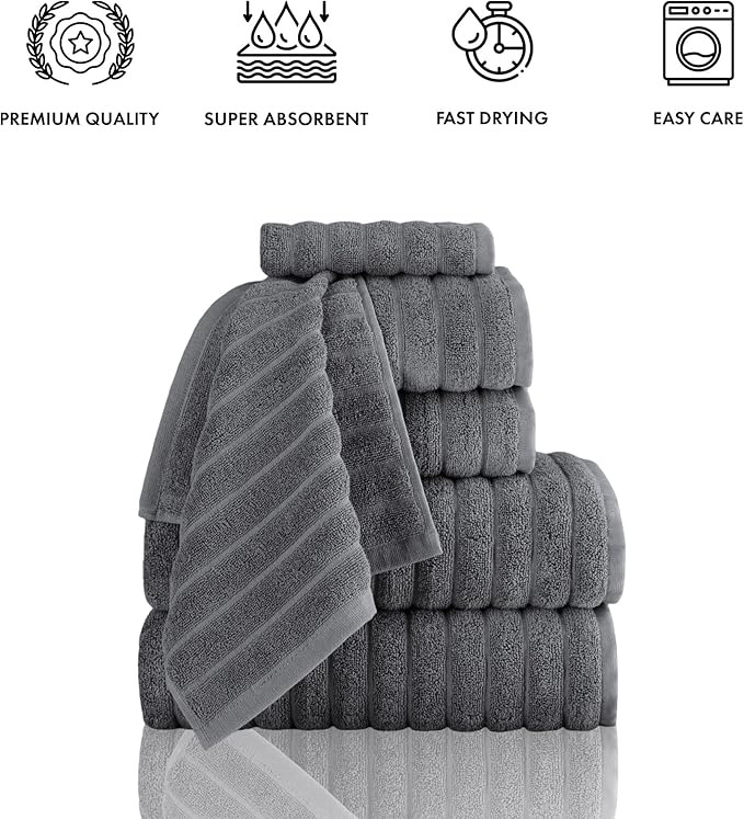 Classic Turkish Towels CTT - Luxury 6 Piece Towel Set, 100% Turkish Cotton, Absorbent & Comfy, 2 Bath Towels, 2 Hand Towels & 2 Washcloths | (Grey)