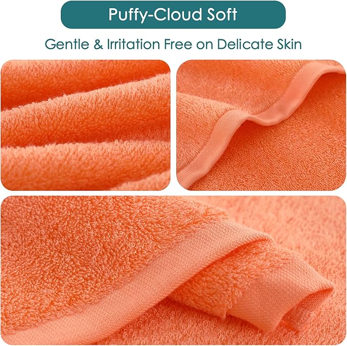 Face Towels 6 Pack, Extra Large 13x13 inch Orange Wash Cloths for Face and Body, Super Soft and Absorbent Bath Washcloths on Sensitive Skin, Easy to Clean Quick Dry Facial Cleaning Cloths with Loop