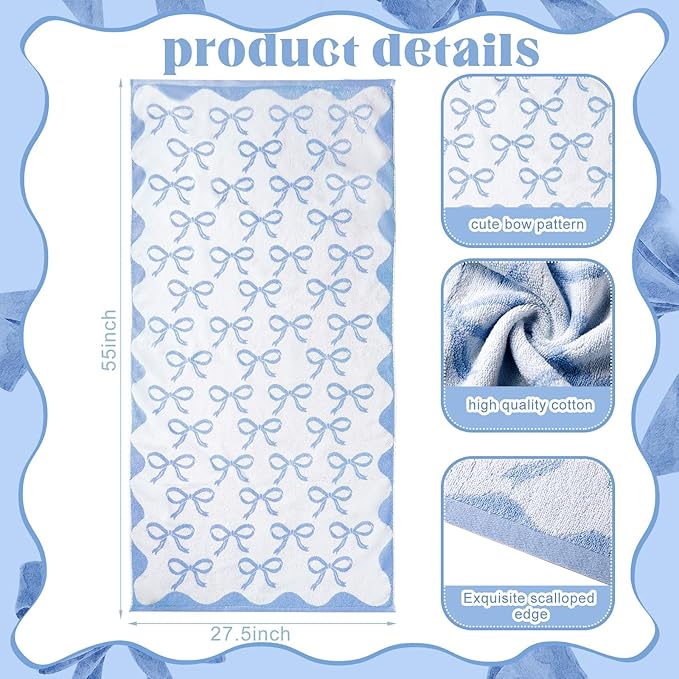 2 Pcs Blue Bow Bathroom Towels 100% Cotton Coquette Bow Bath Towels 28 x 55 Inch Absorbent Soft Preppy Bathroom Decor for Spa Gym Kitchen Women Gifts