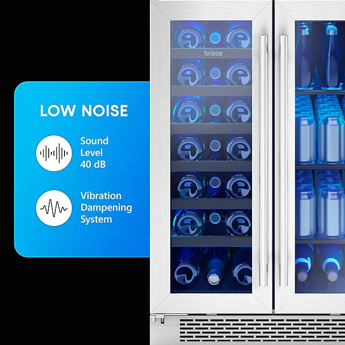 Zephyr Brisas 24 Inch Wine Fridge Dual Zone Under Counter Countertop Wine and Beverage Cooler Cabinet Home Bar Drink Beer Freestanding Refrigerator with French Door 21 Bottles 64 cans