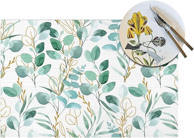 Sage Green Leaves Placemats Set of 4 Cute Botanical Dining Table Mats Washable Place Mats for Kitchen Dinner Spring Summer Parties Wedding Decorative 12"x18"