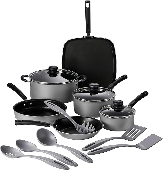Tramontina Primaware 15-Piece Non Stick Cookware Set with Lids and Utensils, Aluminum Nonstick Pots and Pans Kitchen Set (Silver)