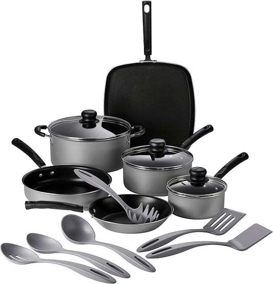Tramontina Primaware 15-Piece Non Stick Cookware Set with Lids and Utensils, Aluminum Nonstick Pots and Pans Kitchen Set (Silver)