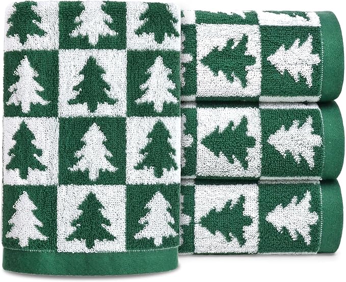 Jacquotha Christmas Hand Towels Set - 4-Piece Green Checkered & Tree Towels for Bathroom Kitchen Decor, Holiday Winter Cheer, Cotton, 13” x 29”
