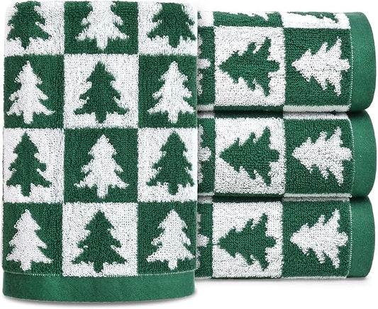 Jacquotha Christmas Hand Towels Set - 4-Piece Green Checkered & Tree Towels for Bathroom Kitchen Decor, Holiday Winter Cheer, Cotton, 13” x 29”