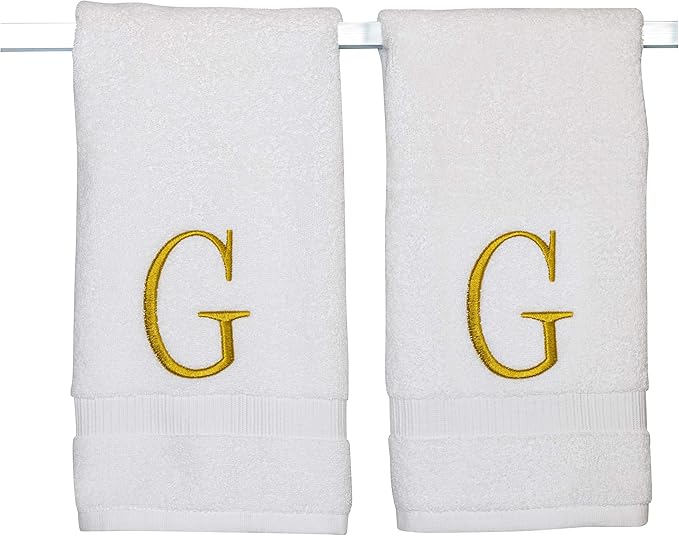 Monogrammed Hand Towels for Bathroom - Luxury Hotel Quality Personalized Initial Decorative Embroidered Bath Towel for Powder Room, Spa - GOTS Organic Certified - Set of 2 Gold Letter G