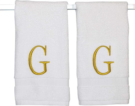 Monogrammed Hand Towels for Bathroom - Luxury Hotel Quality Personalized Initial Decorative Embroidered Bath Towel for Powder Room, Spa - GOTS Organic Certified - Set of 2 Gold Letter G