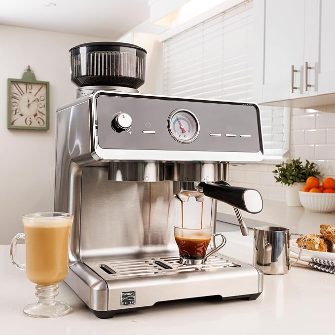 Kenmore Espresso Machine - Automatic Coffee Maker With Auto Tamper, Auto Cleaning, Milk Steamer & Frother, Bean Grinder, Make Professional Barista Style Cappuccino, Latte, Stainless Steel