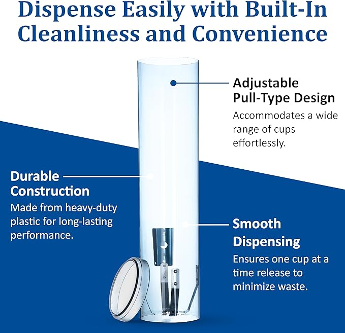 San Jamar Large Pull-Type Cup Dispenser 6-12 Oz. Flat Cups, 4.5 - 7 Oz Cone Cupz with Flip Cap for Restaurants, Home, and Office, Plastic, 16 Inches, Arctic Blue