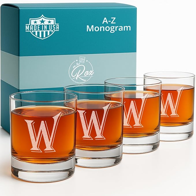 (W-Monogram)- 4 Piece Set of 11 Ounce Engraved Heavy Base Rocks Glasses- Quality Elegant Glass-Multi-Purpose Beverage-Rocks Glass- For any Occasion- By: On The Rox