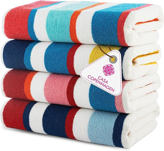 CASA COPENHAGEN Bora Bora Beach Towels Designed in Denmark Rough and Tough, Quick Dry, for Pool, Bath & Shower 30x60 inches 4 Pieces Cotton Beach Bath Towels Set - Pink, Red, Yellow, Turquoise