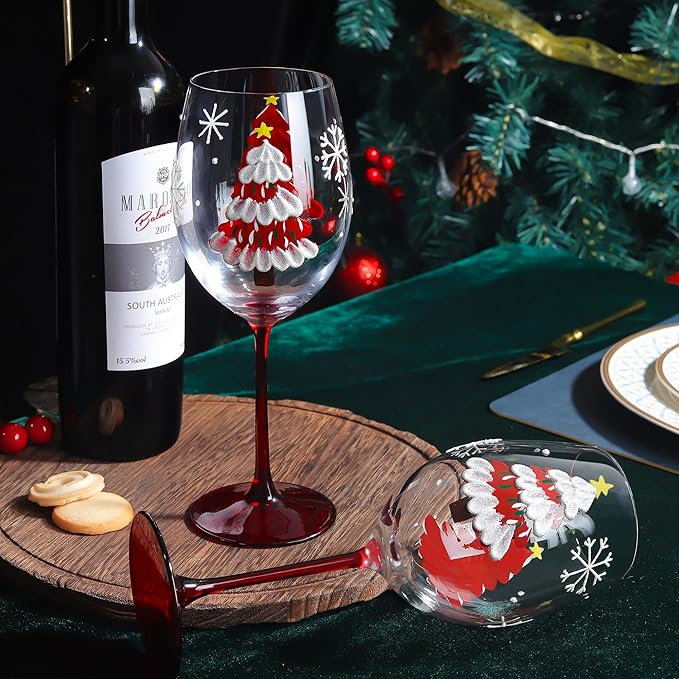 Joeyan Christmas Crystal Red and White Wine Glasses,Hand Painted Glass Goblet Drinking Glasses,Red Xmas Tree and Snowflakes Patterned Glass Tumbler Cups with Stem,Gift for Men Women,19.5 oz,Set of 2