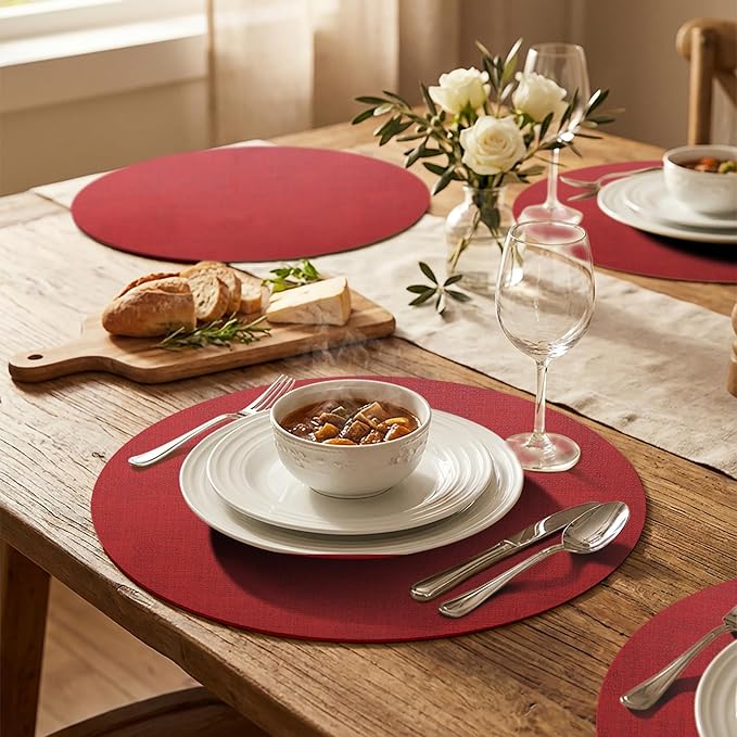 15 inch Faux Leather Round Placemats Set of 4 Non-Slip Washable Wipeable Table Mats, Heat Resistant Waterproof Oilproof Red Place Mats for Christmas, Kitchen, Dining, Party, Outdoor