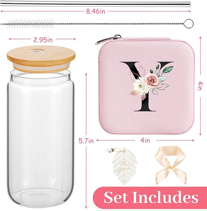 AYGXU Travel Gifts for Women,16oz glass cups with lids and straws,mom birthday gifts,aesthetic cups,coffee cups,travel jewelry case organizer,Travel Essentials Small Jewelry Box,Initial Y pink