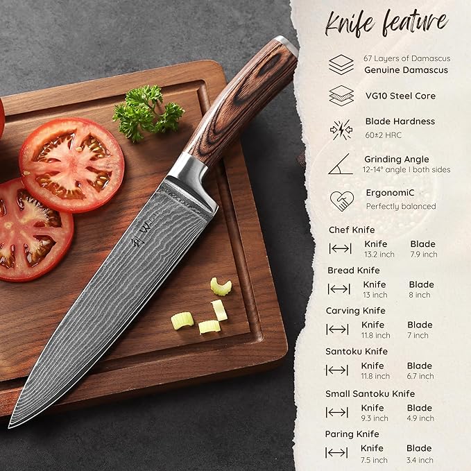 Wakoli EDIB 6-Piece Damascus Knife Set – Professional Chef Knives Set with VG10 Core Blades, 67-Layer Damascus Steel and Ergonomic Pakkawood Handles – Premium Kitchen Knives in Elegant Gift Box