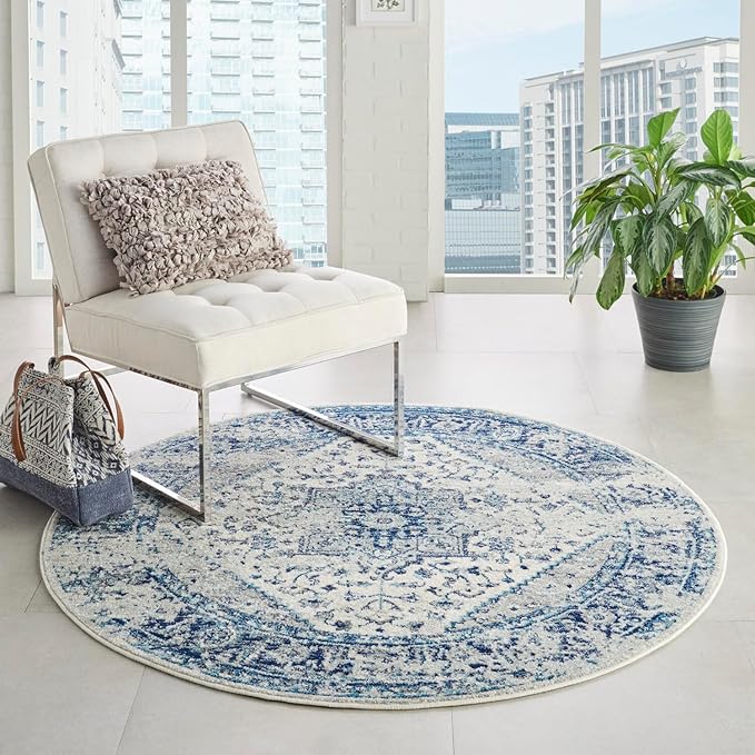 Nourison Home Tranquil Ivory/Light Blue 5'3" x Round Area Rug - Easy Clean, Non Shedding, Bed Room, Living Room, Dining Room, Kitchen (5' x Round)