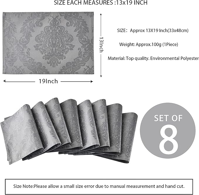 Place Mats Set of 8 – Rectangle Rectangular Waterproof Fabric Polyester Cloth Washable Wipeable Heat Resistant Placemats for Kitchen Dining Dinner Table Indoor 13 X 19 Inch Grey
