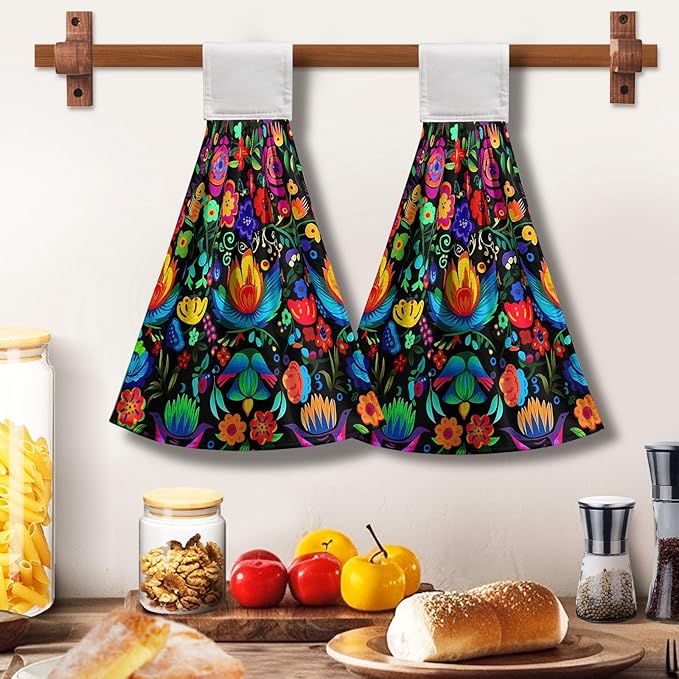 Mexican Day of The Dead Kitchen Towels with Hanging Loop Halloween Floral Hanging Hand Towel Holiday Dish Tie Towels Soft Absorbent Bathroom Kitchen Decoration