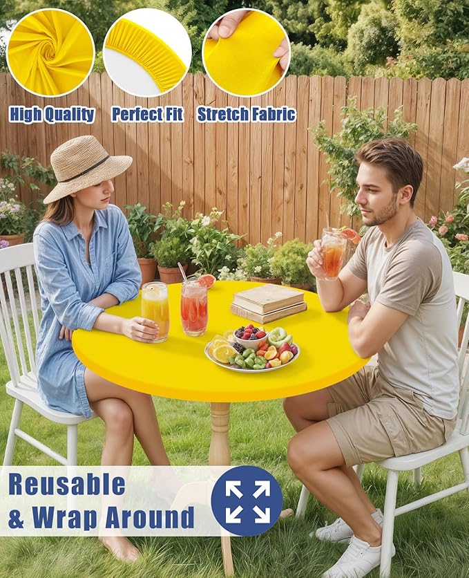 Round Spandex Tablecloth, Elastic Fitted Waterproof Tablecloths for 42"-50" Tables, Stretch Washable Picnic Table Cover for Camping, Dining, Indoor and Outdoor, Yellow