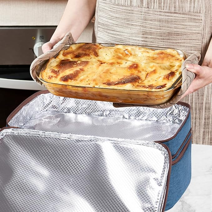 LHZK Double Decker Insulated Casserole Carrier for Hot or Cold Food, Expandable Hot Food Carrier, Lasagna Holder Tote for Potluck Parties, Picnic, Beach, Fits 11 x 15 or 9 x 13 Baking Dish (Blue)