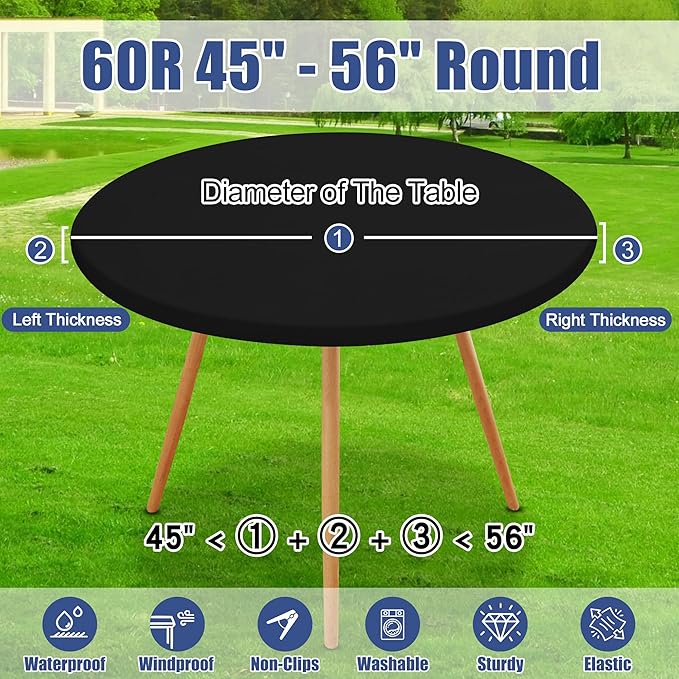 Round Spandex Tablecloth, Elastic Fitted Waterproof Tablecloths for 45"-56" Tables, Stretch Washable Picnic Table Cover for Camping, Dining, Indoor and Outdoor, Black