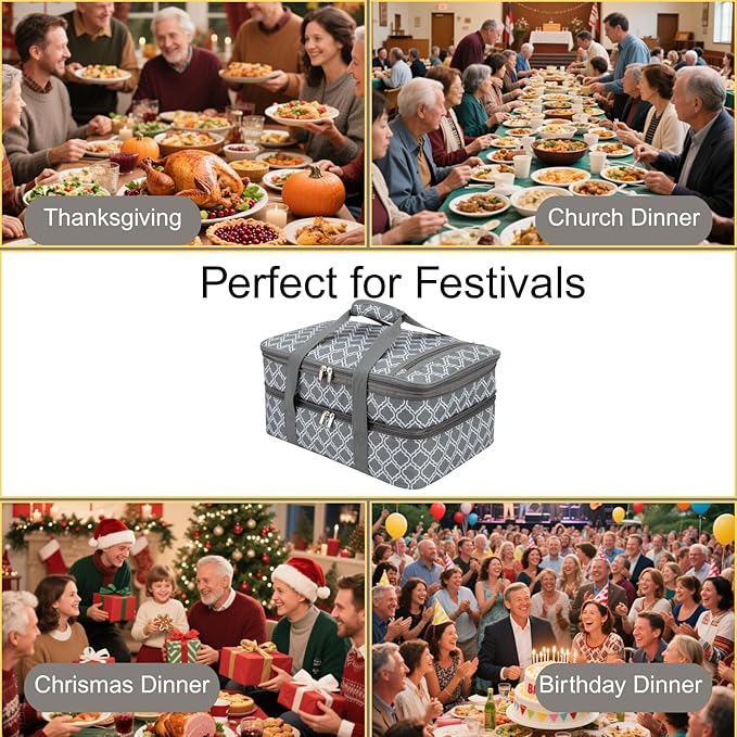 Insulated Casserole Carrier Bag - Portable Thermal Food Tote Carrying Case Bag for 9x13/11x15 Inch Pans - Keep Hot/Cold 4+ Hours - Double Decker for Festival Potlucks, Camping or Outdoor Events