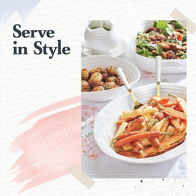 Portmeirion Sophie Conran Salad Servers 10-Inch - Set of 2, Gold Metal Spoons with Fine Porcelain Ripple Handles, Elegant Cutlery for Serving Salads & Dining Presentation