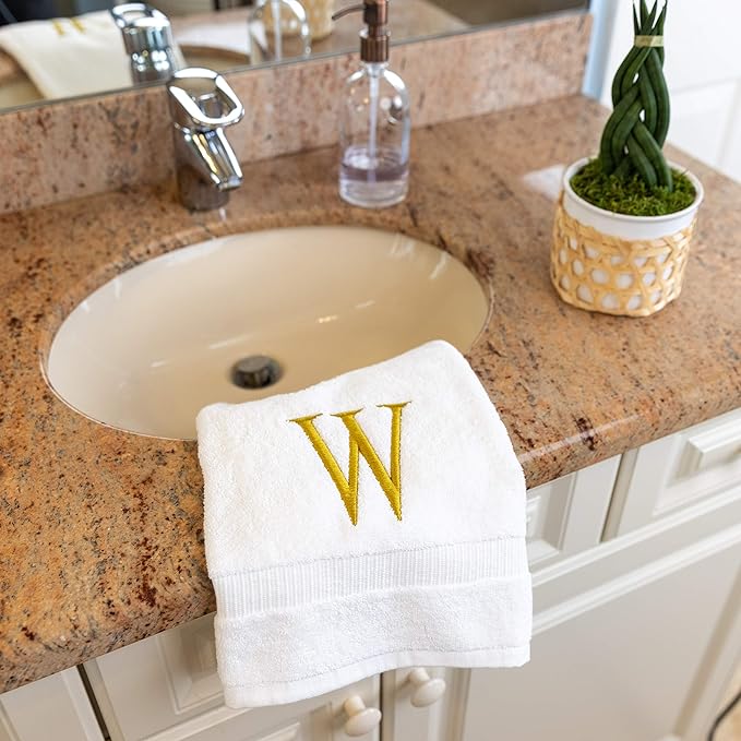 Monogrammed Hand Towels for Bathroom - Luxury Hotel Quality Personalized Initial Decorative Embroidered Bath Towel for Powder Room, Spa - GOTS Organic Certified - Set of 2 Gold Letter W