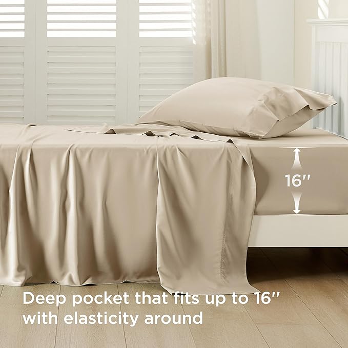 Bedsure Cooling Sheets Twin XL, Rayon Derived from Bamboo, Breathable & Soft Twin XL Sheet Sets, Deep Pocket Up to 16 Inches, Hotel Luxury Silky Dorm Bedding for Hot Sleepers, Beige