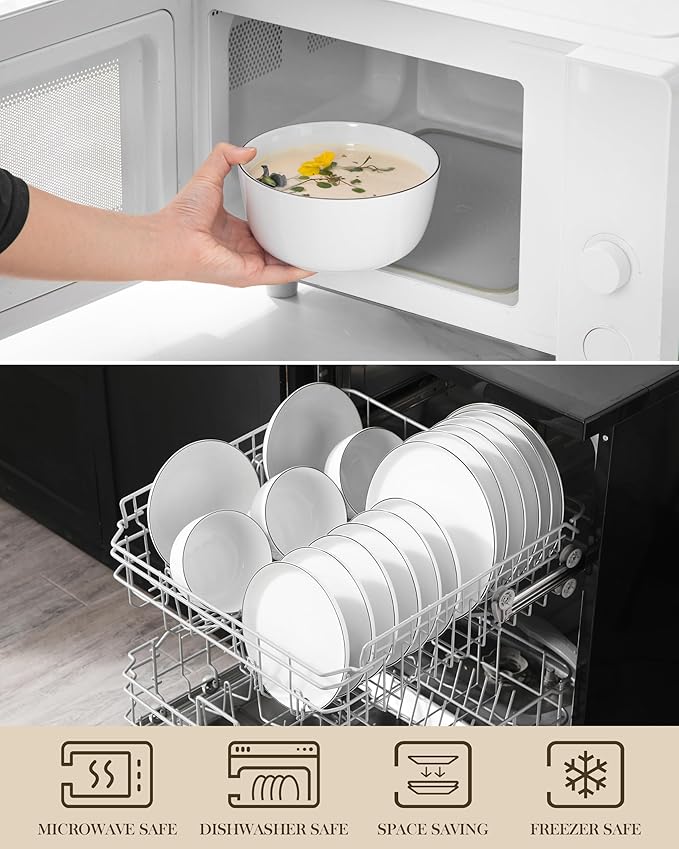 MALACASA 24 Pieces Gourmet Porcelain Dinnerware Sets, Premium Plates and Bowls Set, High-Fired Dishes Set for 6, Chip & Scratch Resistant, Microwave Dishwasher Safe, White & Black Rim, Series LEXI