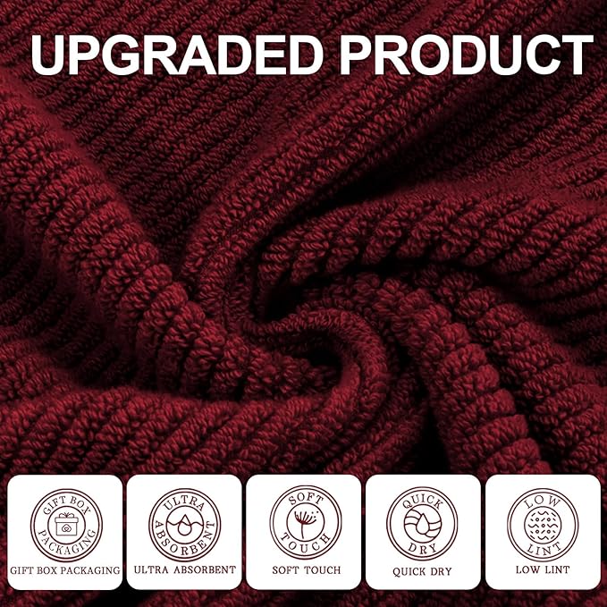 VOOVA & MOVAS Red Washcloths, 6PC 13"x13" - 100% Cotton | Quick Dry | Lightweight | Thick | Soft | Absorbent, Bath Hand Towels Set for Face & Body, Face Towels for Bathroom, Towel Gift Set, Burgundy