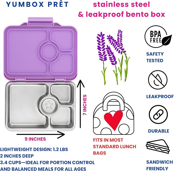 Yumbox Prêt Leakproof Stainless Steel Bento Lunch Box, 3.4 Cup Healthy Portion Size for Balanced Eating – Durable Lunch Container for Sandwiches & Snacks (Lavande Purple)