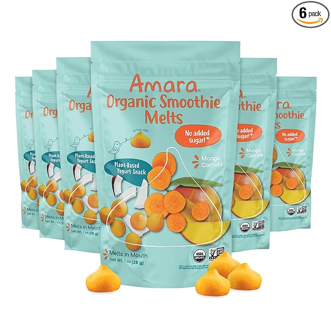 Amara Smoothie Melts - Mango Carrot - Baby Snacks Made With Fruits and Vegetables - Healthy Toddler Snacks For Your Kids Lunch Box - Organic Plant Based Yogurt Melts - 6 Resealable Bags