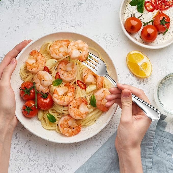 Dinner Forks Set of 6, E-far 7.9 Inch Stainless Steel Forks for Home, Kitchen or Restaurant, Non-toxic & Mirror Polished, Scalloped Edge & Dishwasher Safe