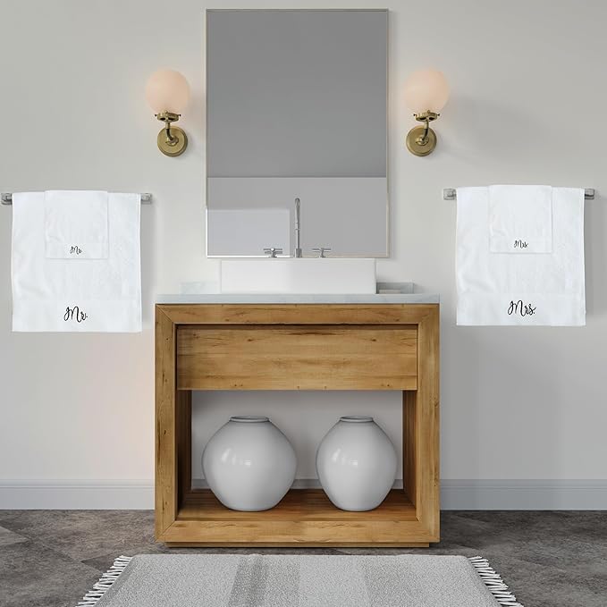 RUBBER BOND Mr and Mrs Towels Set with Gift Box - 4 Pack Bath and Hand Towels - Cotton Towels Set - Wedding, Honeymoon Gifts for The Couples - White Bathroom Towel Set with Black Embroidery