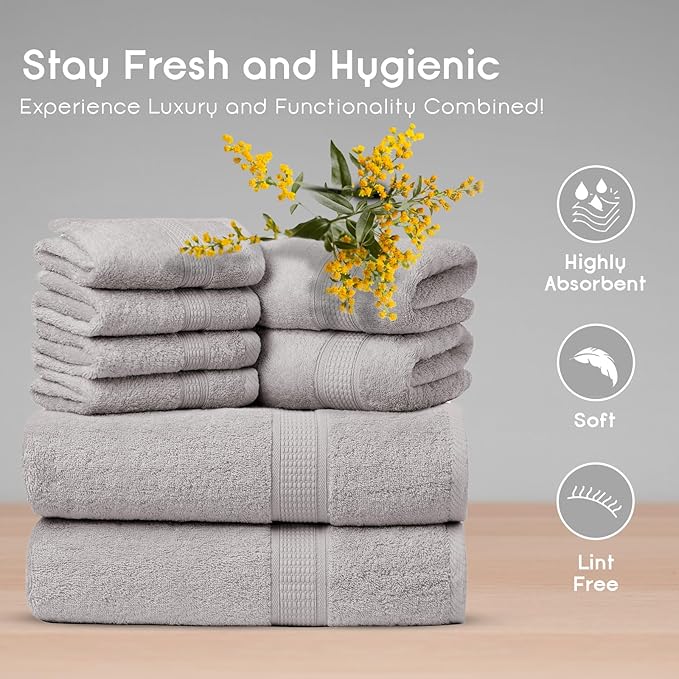 Ariv Towels Pack of 8, Premium Cotton Towel Set (2 Bath Towels + 2 Hand Towels + 4 Washcloths), Large, Super Soft, Quick Dry, Highly Absorbent for Home, Bathroom, Gym, Hotel & Spa - Plantinum