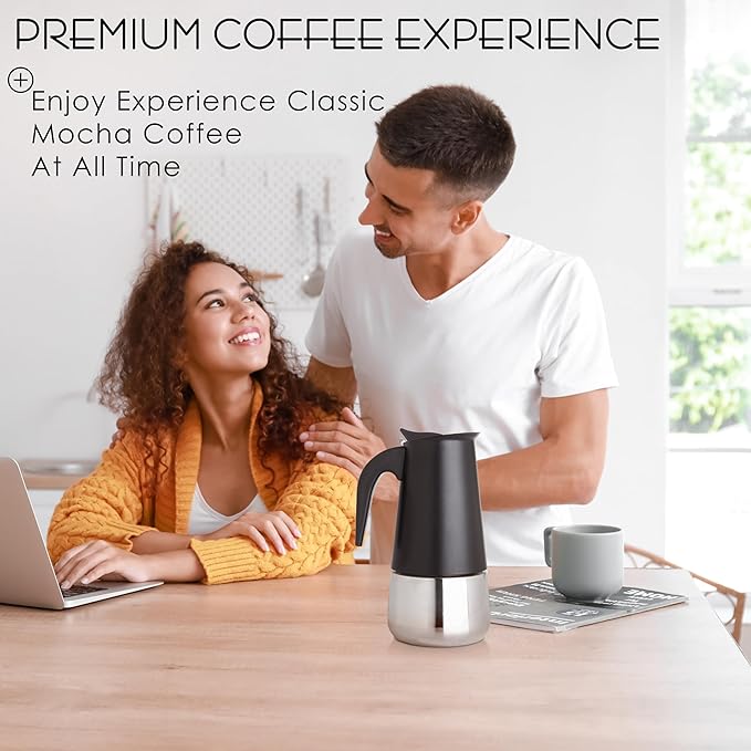 Mixpresso Black 6 Cup Greca Stovetop Espresso Pot 300ml/10oz, Moka Pot with Coffee Percolator Design, Stainless Steel Stove Top Coffee Maker for Camping or Home Use,Italian Stovetop Espresso Maker
