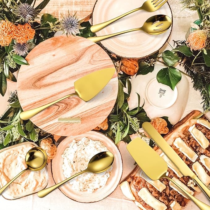 Gold Serving Utensils Set Stainless Steel Large Silverware 7 Piece Include Big Spoon Fork Cake Server Knife Pizza Spatula Pefect for Buffet Catering Flatware