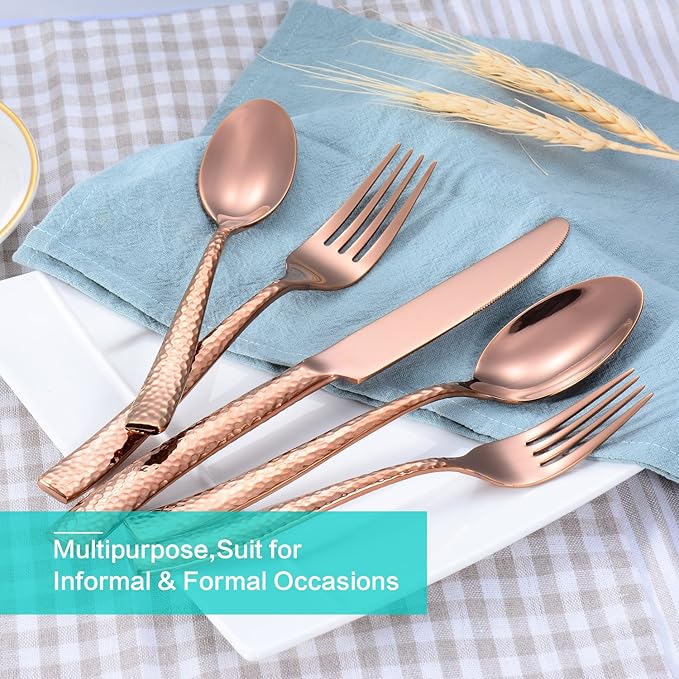 Silverware Rose Gold Hammered Heavy Flatware Set Cutlery Set Stainless Steel Mirror Finished Utensil 20 Pieces Spoons Forks and Knives Service for 4