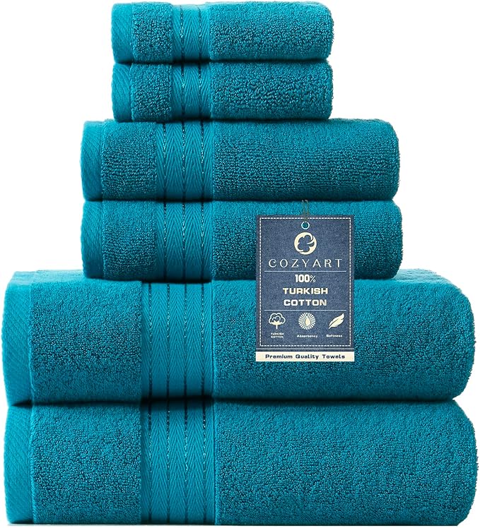 COZYART Crystal Teal/Peacock Blue Bath Towel Set for Bathroom Soft Absorbent Durable 650 GSM Turkish Cotton Towel Set of 6, 2 Large Bath Towels, 2 Hand Towels, 2 Washclothes