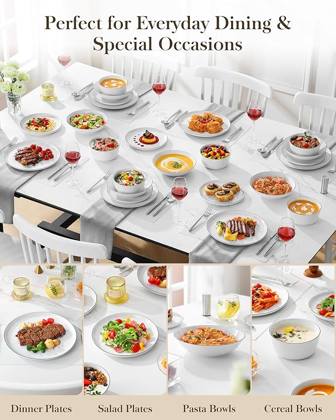 MALACASA 24 Pieces Gourmet Porcelain Dinnerware Sets, Premium Plates and Bowls Set, High-Fired Dishes Set for 6, Chip & Scratch Resistant, Microwave Dishwasher Safe, White & Black Rim, Series LEXI