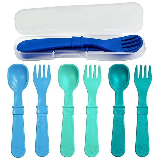 Re-Play Toddler Forks and Spoons Set - 4x4 Utensils Set for Kids - Dishwasher and Microwave Safe - Made in USA - Set of 8-5.8" x 1.2" x 0.2" - A True Blue