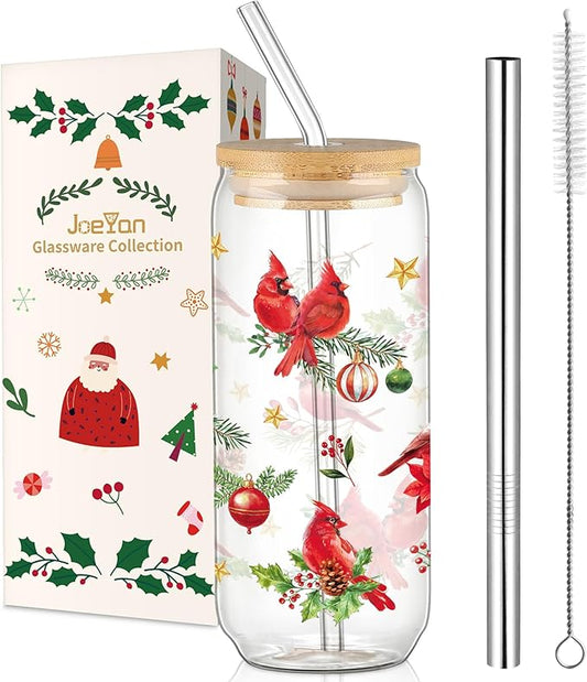 Joeyan Christmas Glass Cups with Lids and Straws,20 oz Iced Coffee Tumbler with Red Cardinals Birds Patterns,Cute Can Shaped Beer Drinking Glasses,Holiday Gifts for Women Mom Friend
