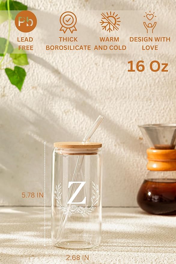 Personalized Gifts for Women, Monogrammed 16oz Glass Cups with Bamboo Lids and Straws, Customized Glass Tumbler, Cute Custom Mug, Customizable Initial Iced Coffee Glasses, Birthday Bridesmaid Mom, Z