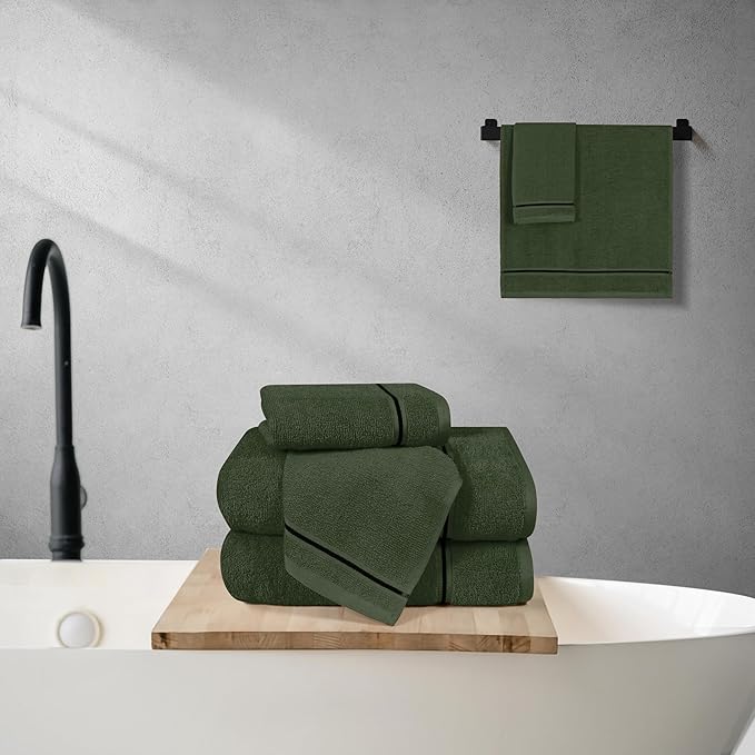 MyOwn Ultra Soft 6 Pack Cotton Towel Set, Contains 2 Bath Towels 28x55 inch, 2 Hand Towels 16x24 inch & 2 Wash Coths 12x12 inch, Ideal Everyday use, Compact & Lightweight - Olive Green