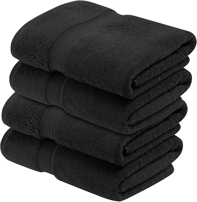 Superior Egyptian Cotton Pile Bath Towel Set of 4, Ultra Soft Luxury Towels, Thick Plush Essentials, Absorbent Heavyweight, Guest Bath, Hotel, Spa, Home Bathroom, Shower Basics, Black